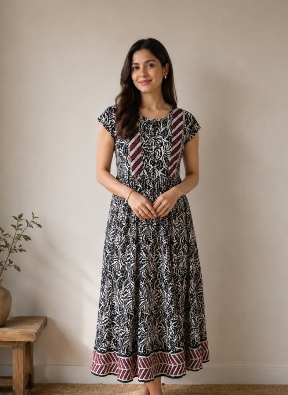 Sfera Casual Black White Red Boho Midi Dress M NWT